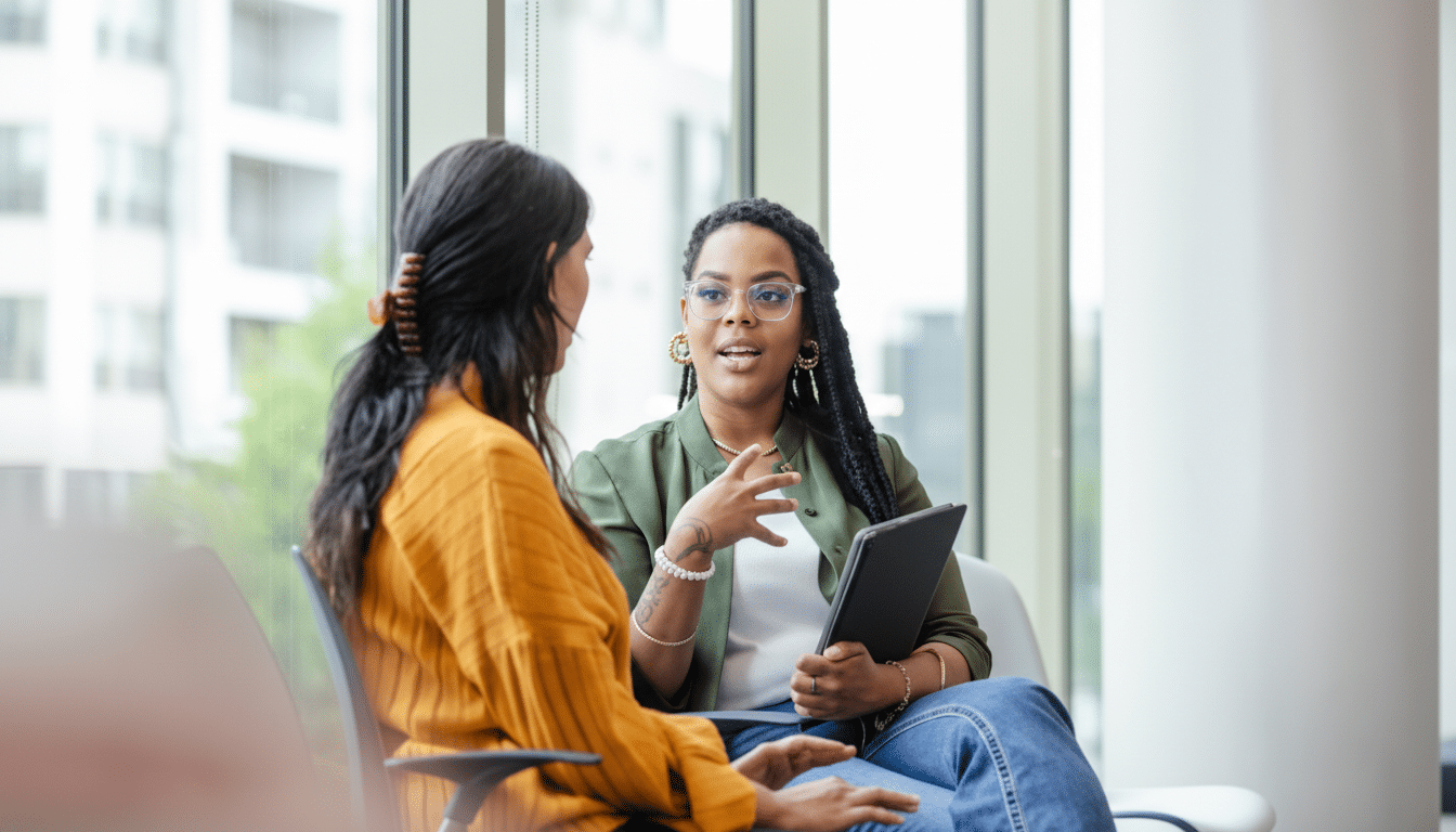 Two women are engaged in a conversation, with one woman holding a tablet and gesturing as she speaks.