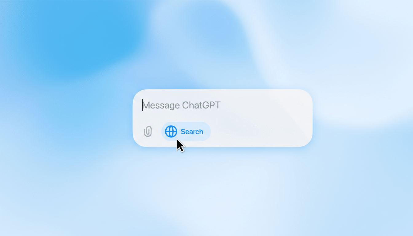 A close-up of a message input field with Message ChatGPT as a placeholder, and a Search button with a globe icon, all set against a soft, light blue gradient background.