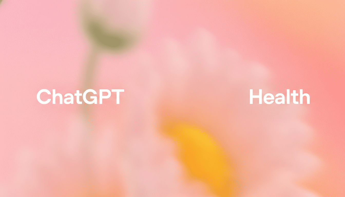 The words ChatGPT and Health are displayed in white text on a blurred background of pink and yellow, resembling a flower.