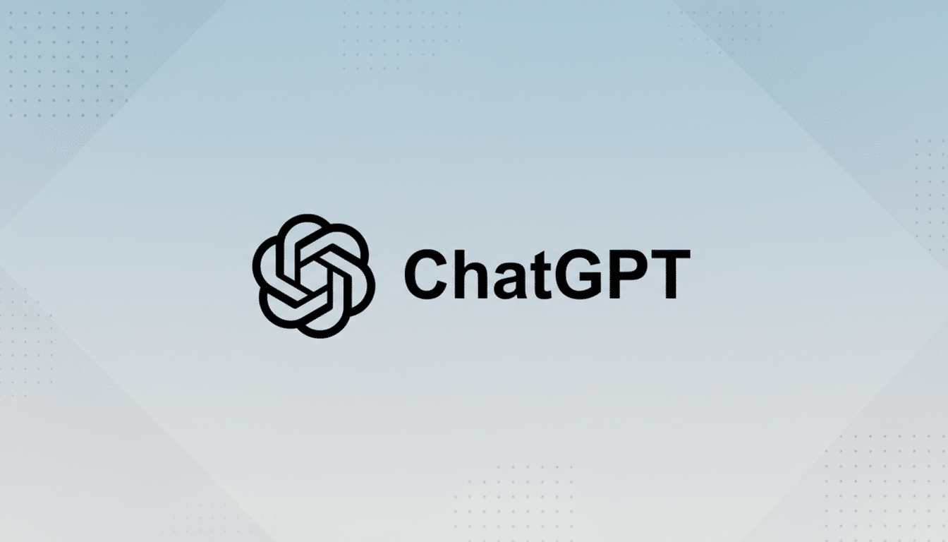 The ChatGPT logo, featuring a stylized black knot icon to the left of the word ChatGPT in black text, set against a professional light blue and grey gradient background with subtle geometric patterns.
