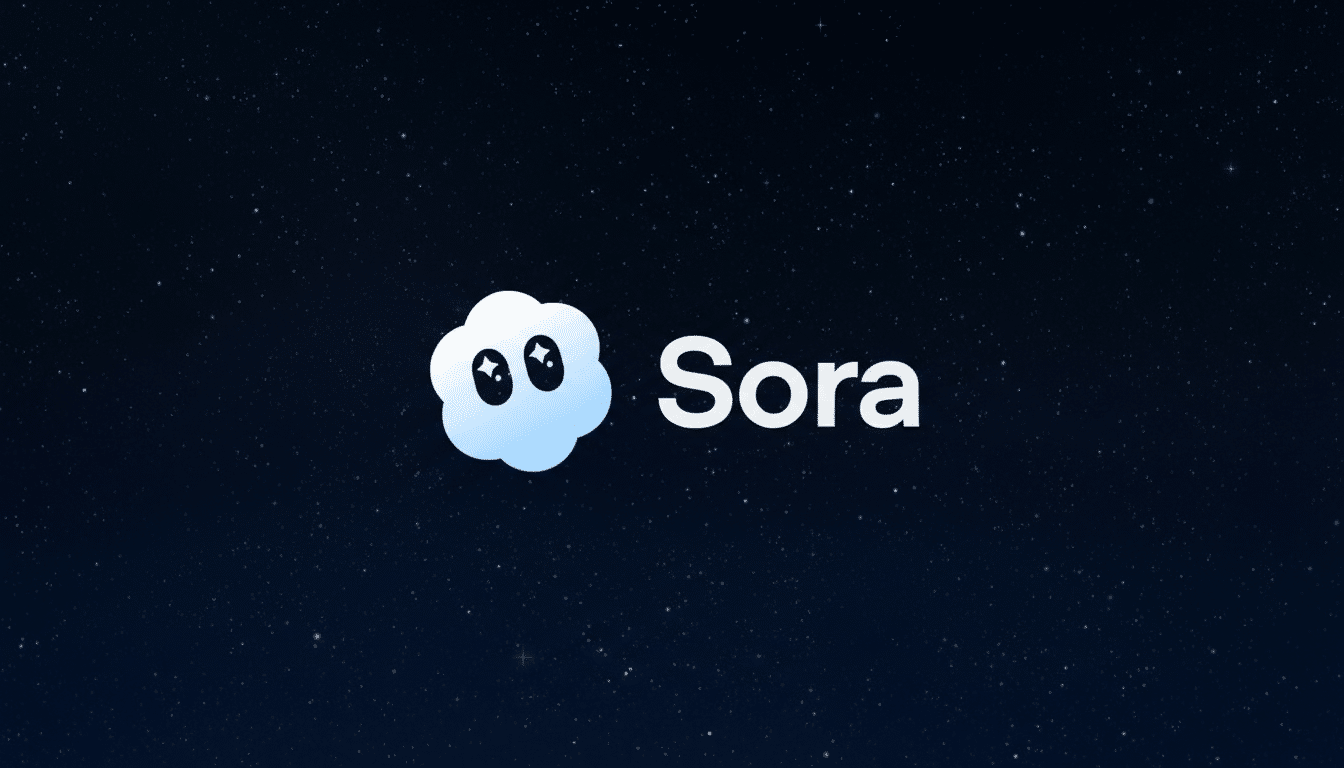 The Sora logo, featuring a light blue cloud-like character with large, sparkling eyes, next to the word Sora in white text, all set against a dark blue background with subtle white star-like specks. The image has been resized to a 16:9 aspect ratio.