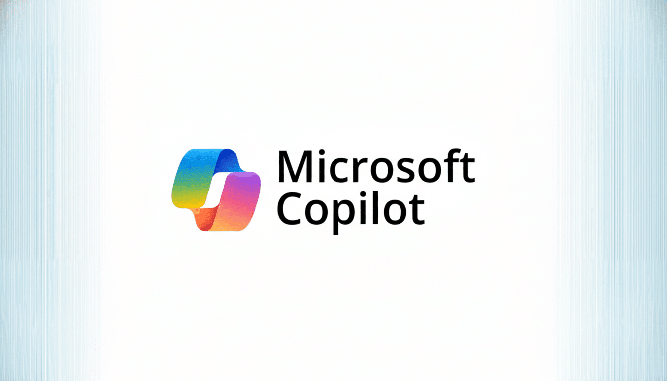 The Microsoft Copilot logo and text on a white background with subtle blue vertical lines on the sides, resized to a 16:9 aspect ratio.