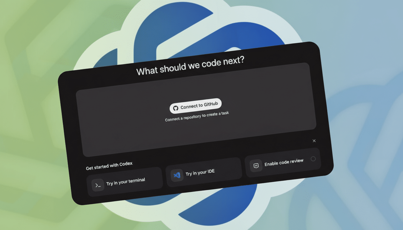 A dark-themed application interface with the title What should we code next? and a button to Connect to GitHub, set against a green and blue abstract background.