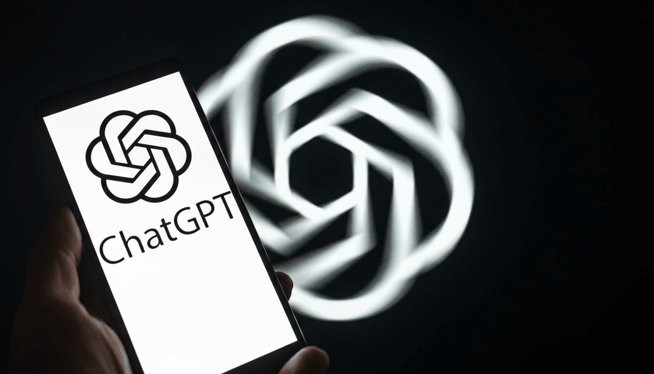 A hand holding a smartphone displaying the ChatGPT logo and name, with a blurred, larger version of the logo in the background.