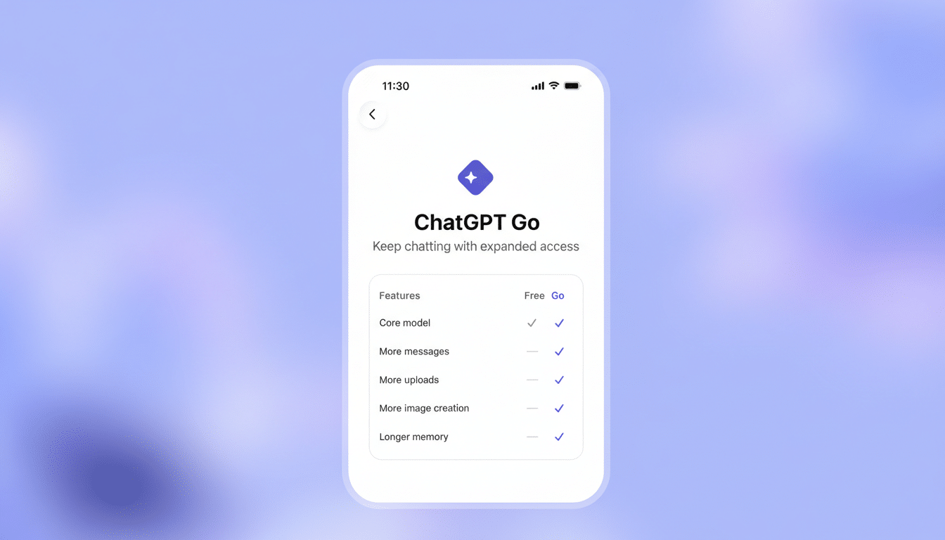 A mobile phone screen displaying the ChatGPT Go subscription page, showing features like Core model, More messages, More uploads, More image creation, and Longer memory with checkmarks under the Go column, indicating expanded access. The phone is set against a soft, gradient background.