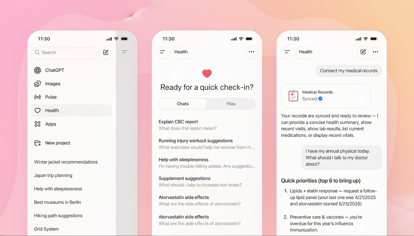 Three mobile phone screens displaying a health application interface. The first screen shows a menu with options like ChatGPT, Images, Pulse, Health, and Apps. The second screen shows a Ready for a quick check-in? prompt with chat and file options, and several health-related suggestions. The third screen shows Connect my medical records and Medical Records Synced with a summary of health records and quick priorities.