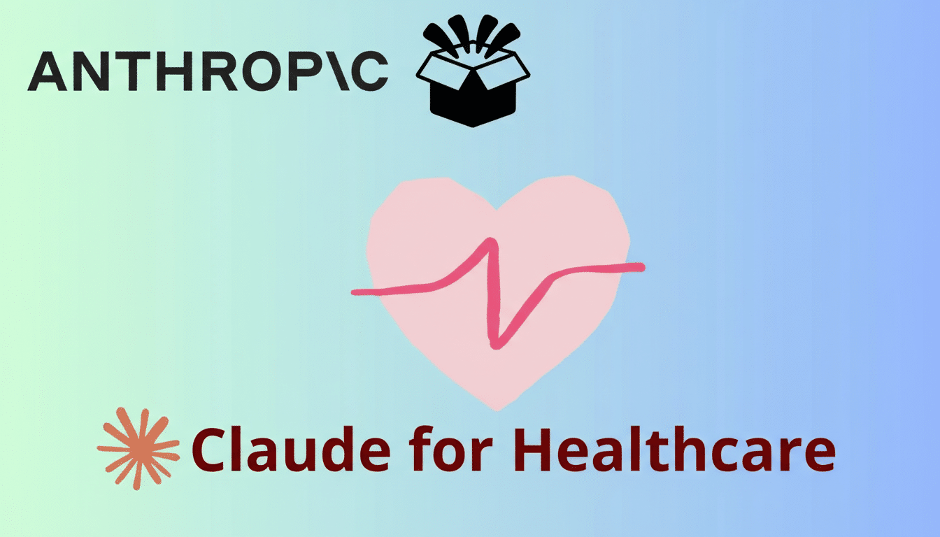 A 16:9 aspect ratio image with the text ANTHROPIC and a black box icon at the top, a pink heart with a red heartbeat line in the center, and Claude for Healthcare with an orange asterisk icon at the bottom. The background is a gradient from light green to light blue.