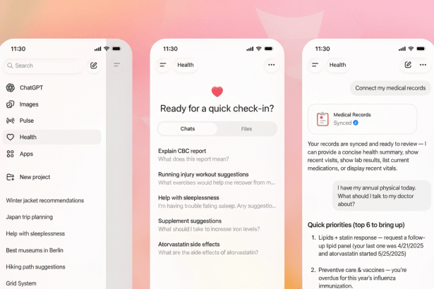 Three mobile phone screens displaying a health app interface. The first screen shows a menu with Health selected. The second screen shows a Ready for a quick check-in? prompt with health-related chat suggestions. The third screen displays Medical Records Synced and Quick priorities to bring up with health recommendations.
