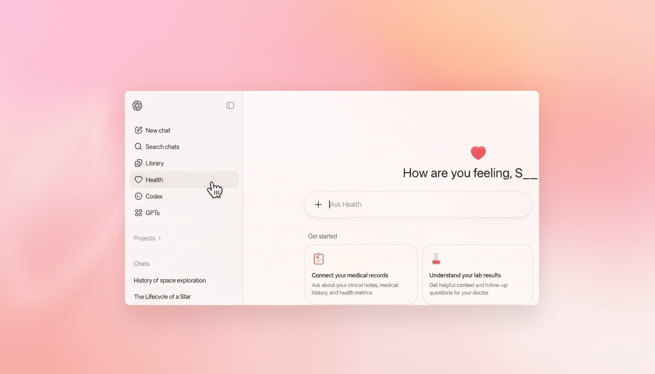 A screenshot of a digital interface with a Health section highlighted, showing options to connect medical records and understand lab results.