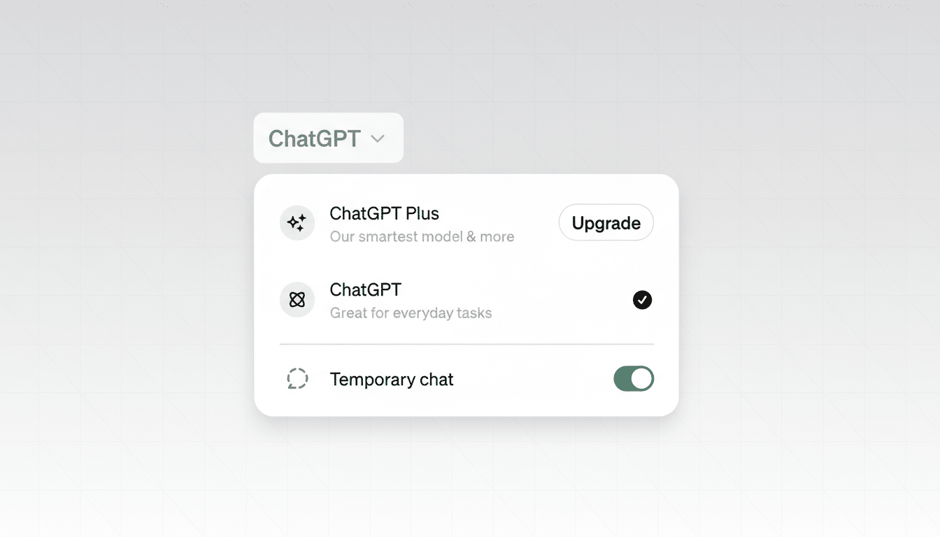 A screenshot of the ChatGPT interface showing options for ChatGPT Plus, ChatGPT, and a Temporary chat toggle, presented on a professional flat design background with soft patterns.