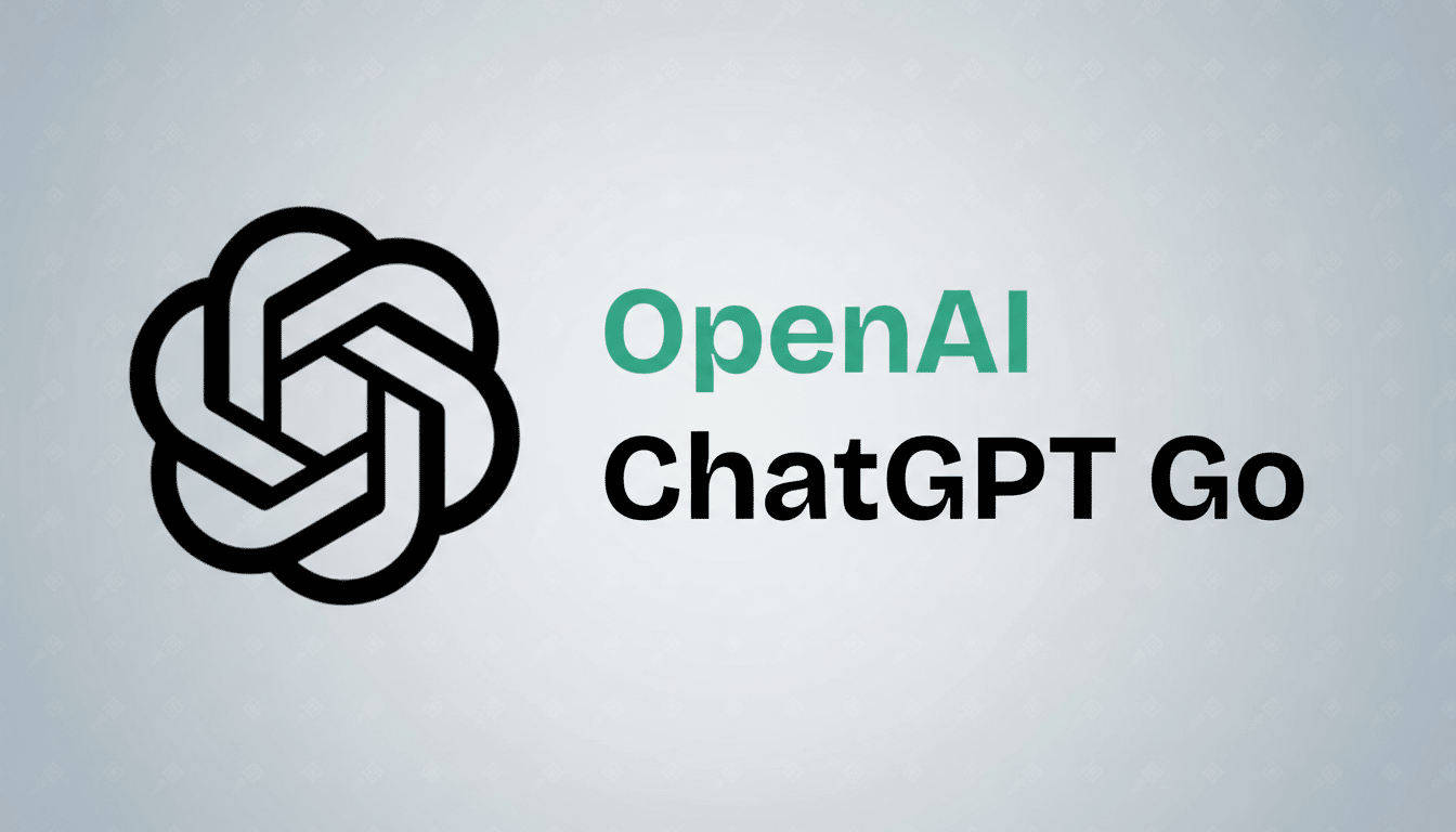 The OpenAI logo and text OpenAI ChatGPT Go on a professional gray background with subtle patterns, resized to a 16:9 aspect ratio.