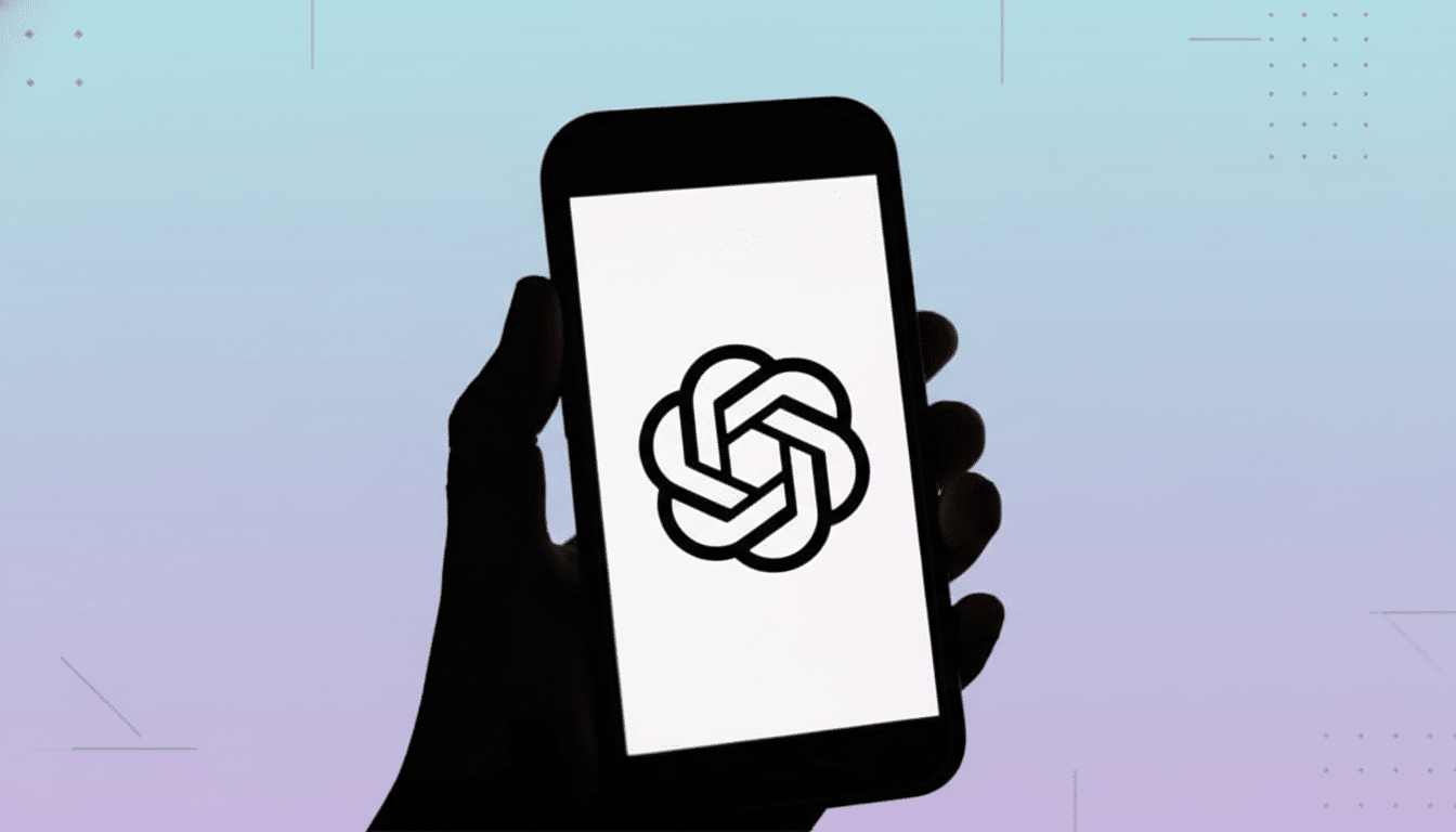 A hand holding a smartphone displaying the OpenAI logo on a professional flat design background with soft patterns and gradients.