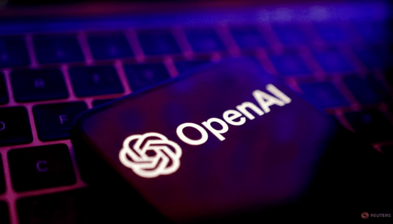 The OpenAI logo is displayed on a smartphone screen, resting on a keyboard with purple and blue backlighting.