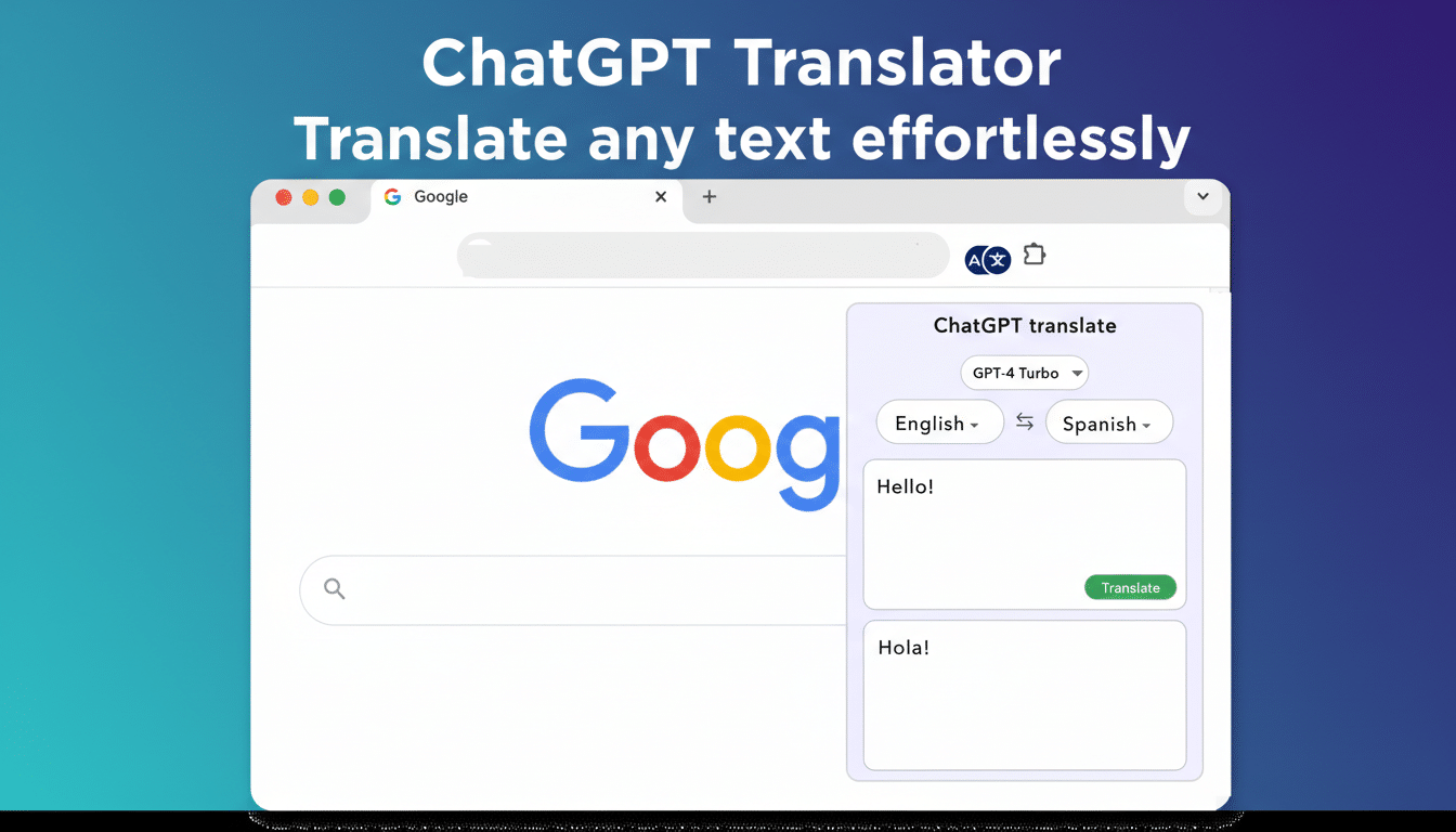 A screenshot of a web browser displaying the Google search page with a ChatGPT translate extension open, showing Hello! translated to Hola! from English to Spanish.