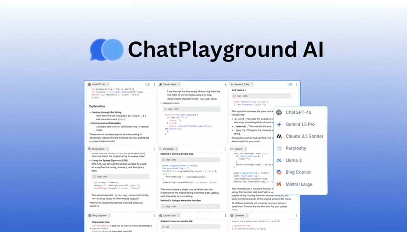 A professional, clean presentation of the ChatPlayground AI logo and interface, resized to a 16:9 aspect ratio with a soft gradient background.