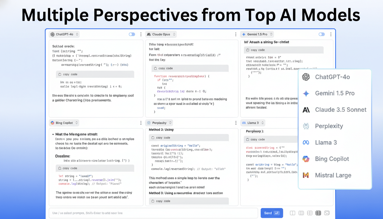 A screenshot showing a comparison of code snippets and explanations from various AI models, including ChatGPT-4o, Gemini 1.5 Pro, Claude 3.5 Sonnet, Perplexity, Llama 3, Bing Copilot, and Mistral Large. The image is resized to a 16:9 aspect ratio.