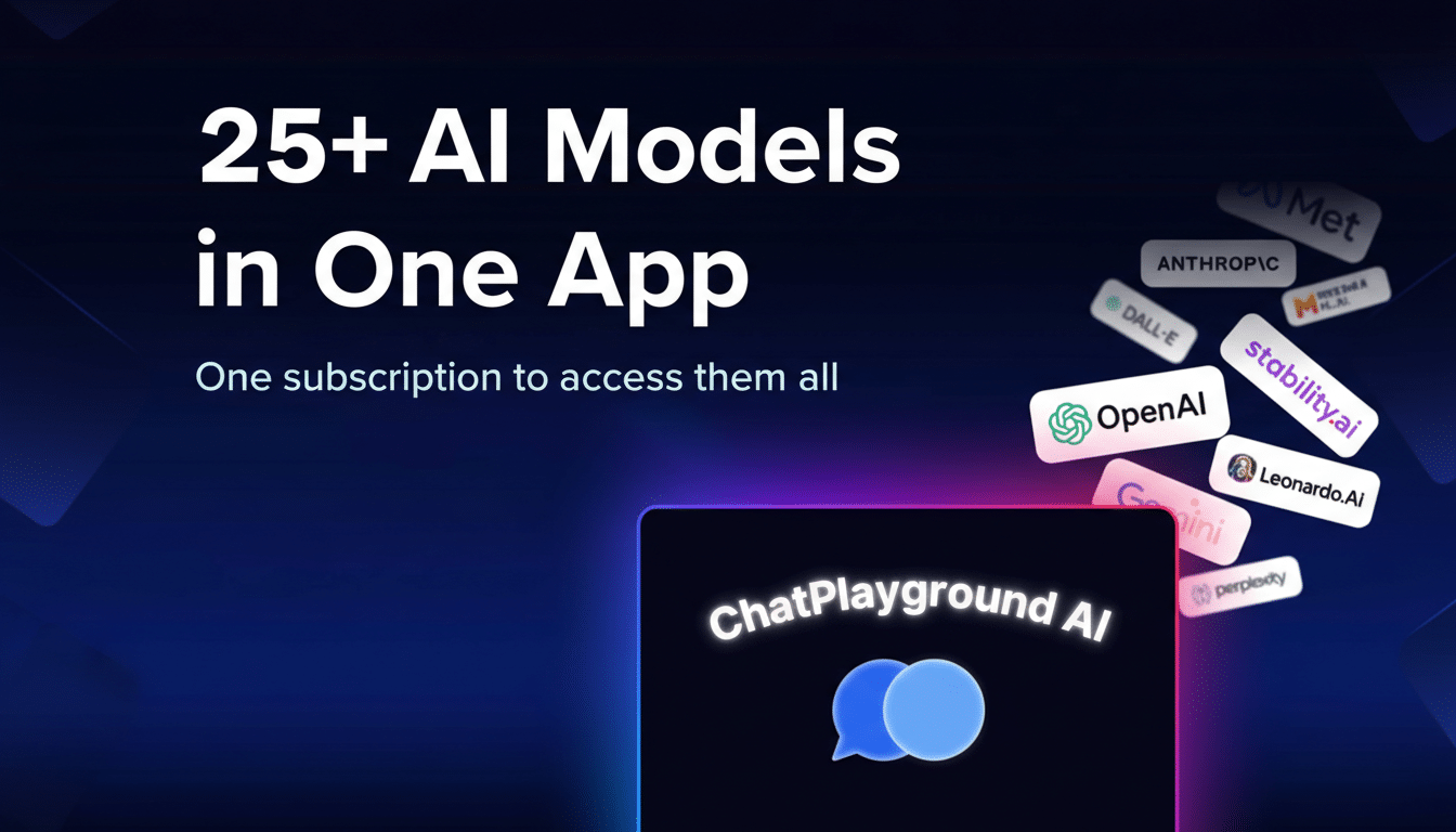 A professional image with a dark blue background and subtle geometric patterns, featuring the text 25+ AI Models in One App and One subscription to access them all. Various AI model logos like OpenAI, Gemini, Anthropic, and Stability.ai are scattered around a glowing screen displaying ChatPlayground AI and two blue chat bubbles.