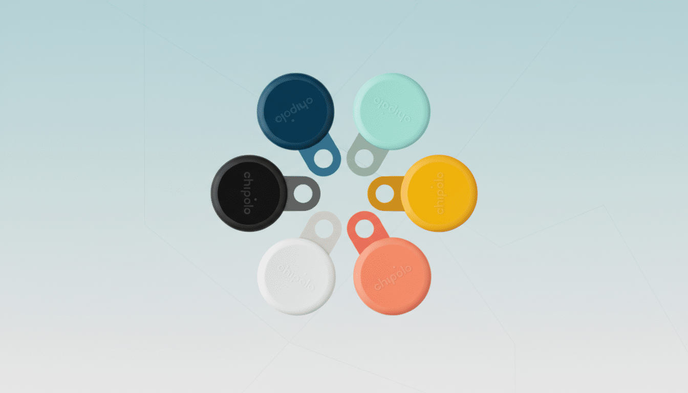 A 16:9 aspect ratio image featuring six colorful Chipolo item finders arranged in a circular pattern on a professional flat design background with soft blue and grey gradients.