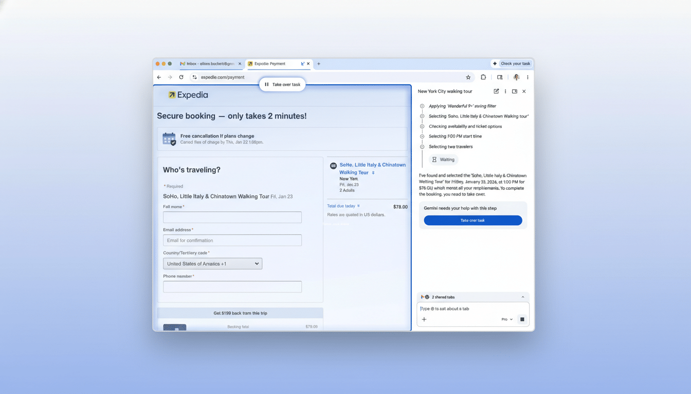 A screenshot of the Expedia website showing a booking page for a walking tour, with a sidebar displaying a task list for a New York City walking tour and a prompt for Geminis help.