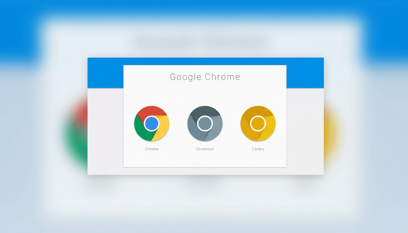 A professionally enhanced image of the Google Chrome, Chromium, and Canary logos on a white card, set against a blurred background with soft blue and white tones, resized to a 16:9 aspect ratio.