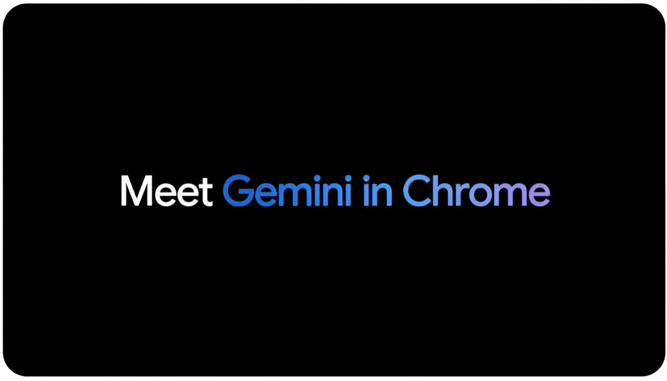 The text Meet Gemini in Chrome is displayed on a black background with rounded corners, resized to a 16:9 aspect ratio.