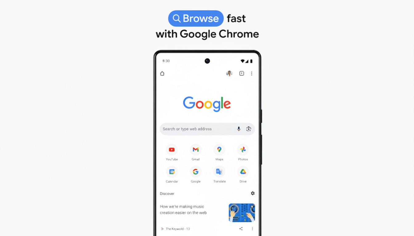 A smartphone displaying the Google Chrome browser, with the text Browse fast with Google Chrome above it.