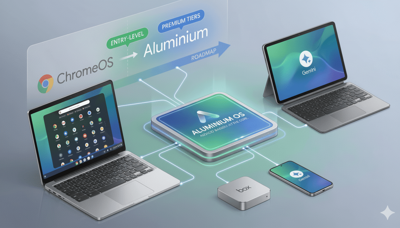 A professional image showcasing the evolution from ChromeOS to Aluminium OS, with various devices like laptops, tablets, and smartphones displaying the new operating system.