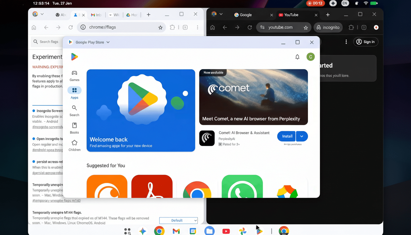 A screenshot of a desktop with multiple browser windows open, including Google Chrome and YouTube, with the Google Play Store prominently displayed in the foreground.