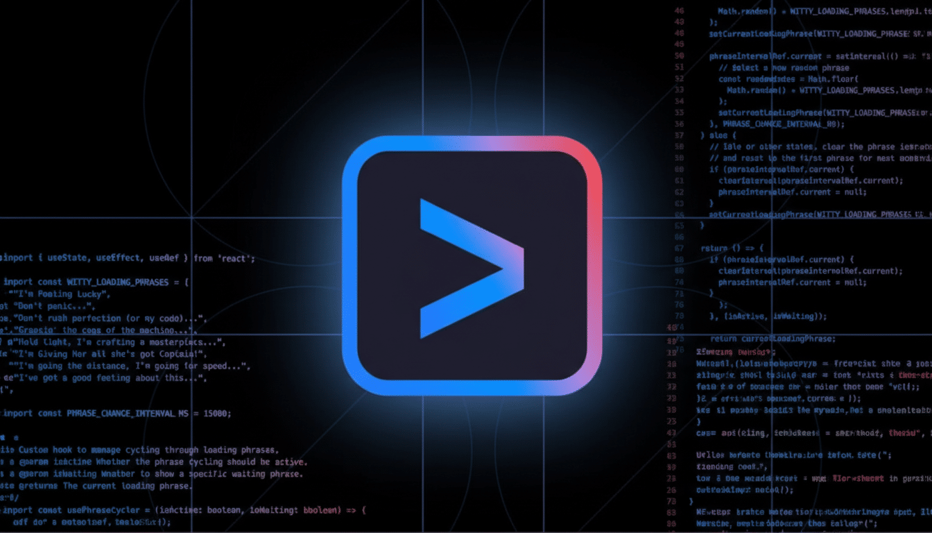 A professionally enhanced image of a blue and red gradient icon with a white greater-than symbol in the center, set against a dark background with lines of code.