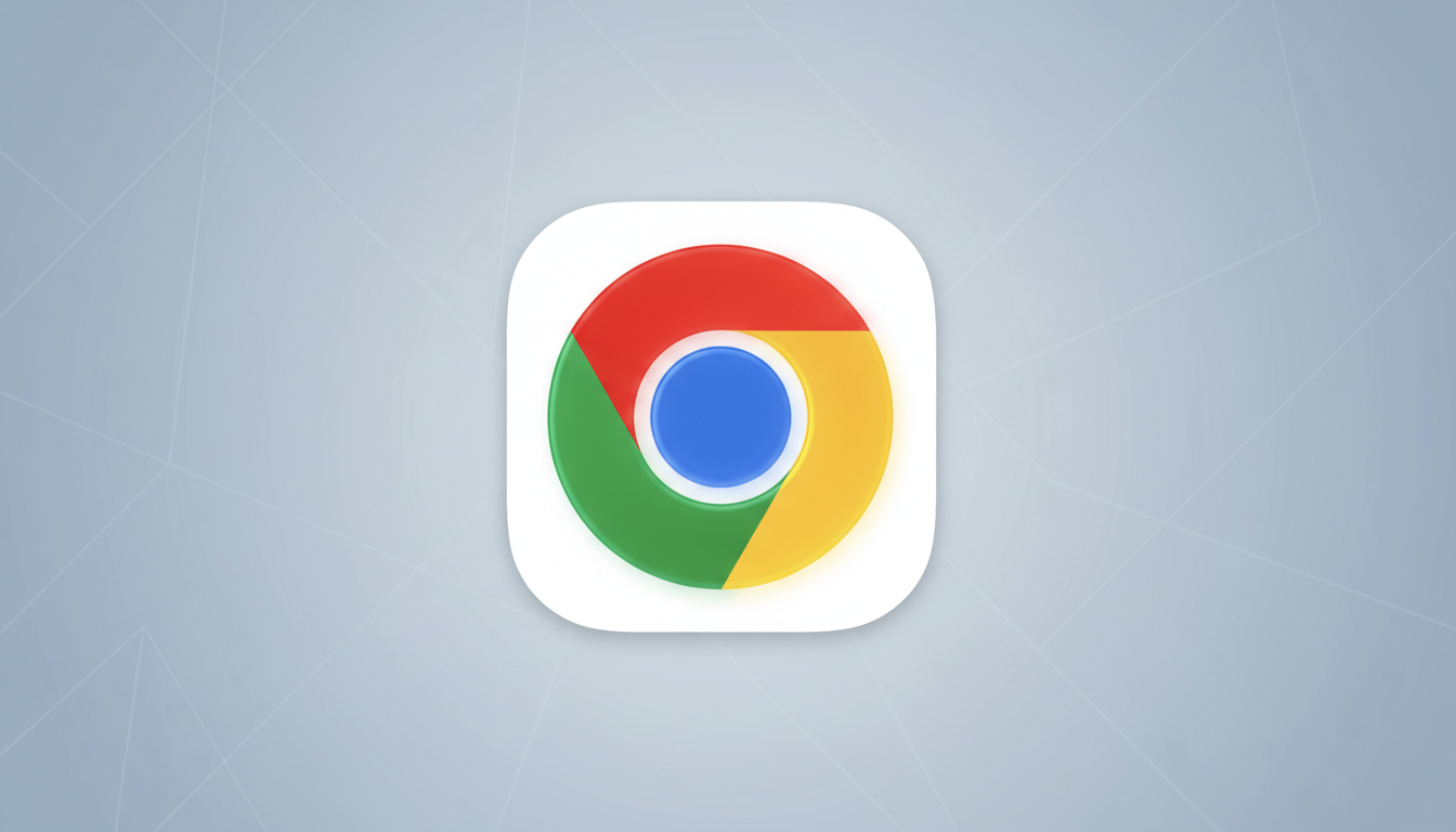 The Google Chrome icon, featuring a red, yellow, and green circle with a blue center, set against a professional light gray background with subtle geometric patterns.