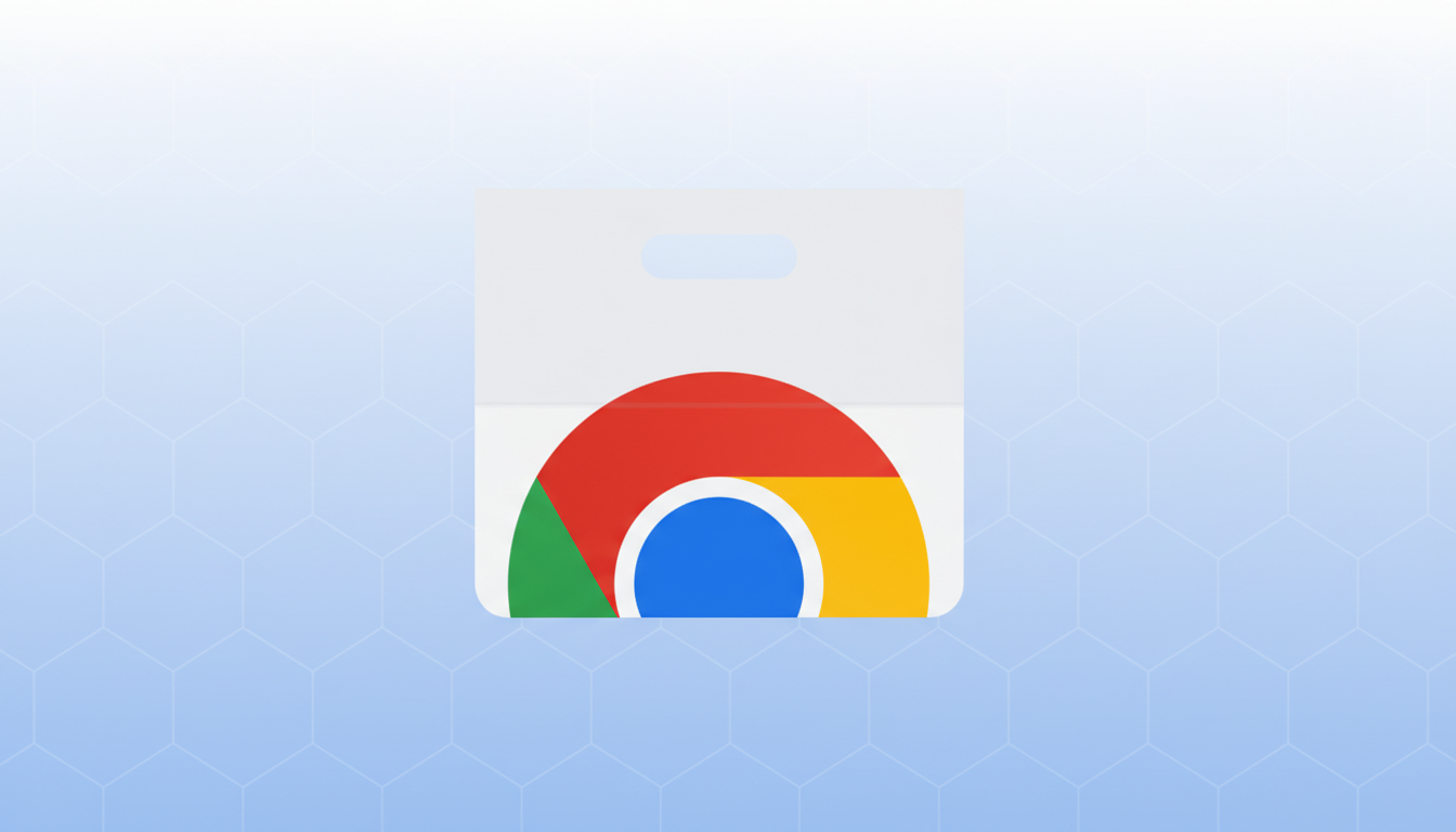 A 16:9 aspect ratio image featuring the Google Chrome Web Store icon centered on a professional flat design background with soft blue hexagonal patterns and a subtle gradient.