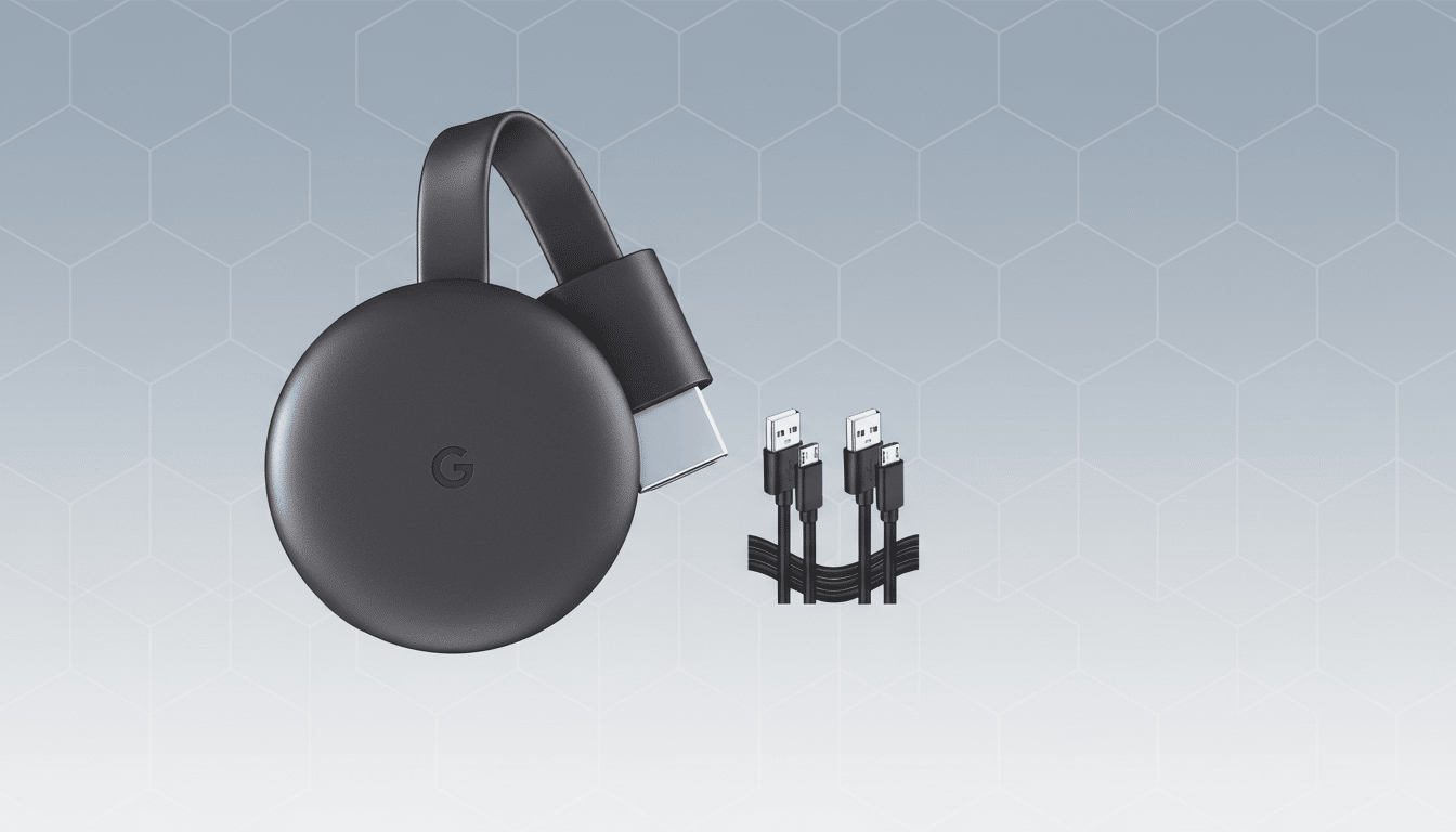 A dark gray Google Chromecast device with its HDMI cable bent back, next to two black USB charging cables, all presented on a professional light gray background with a subtle hexagonal pattern.