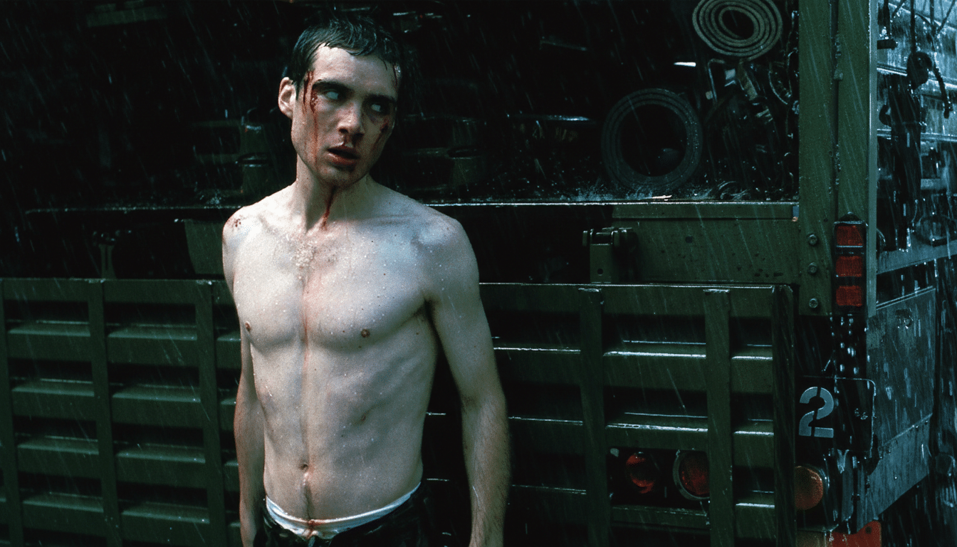 A shirtless man with blood on his face and chest stands in the rain next to a dark vehicle.