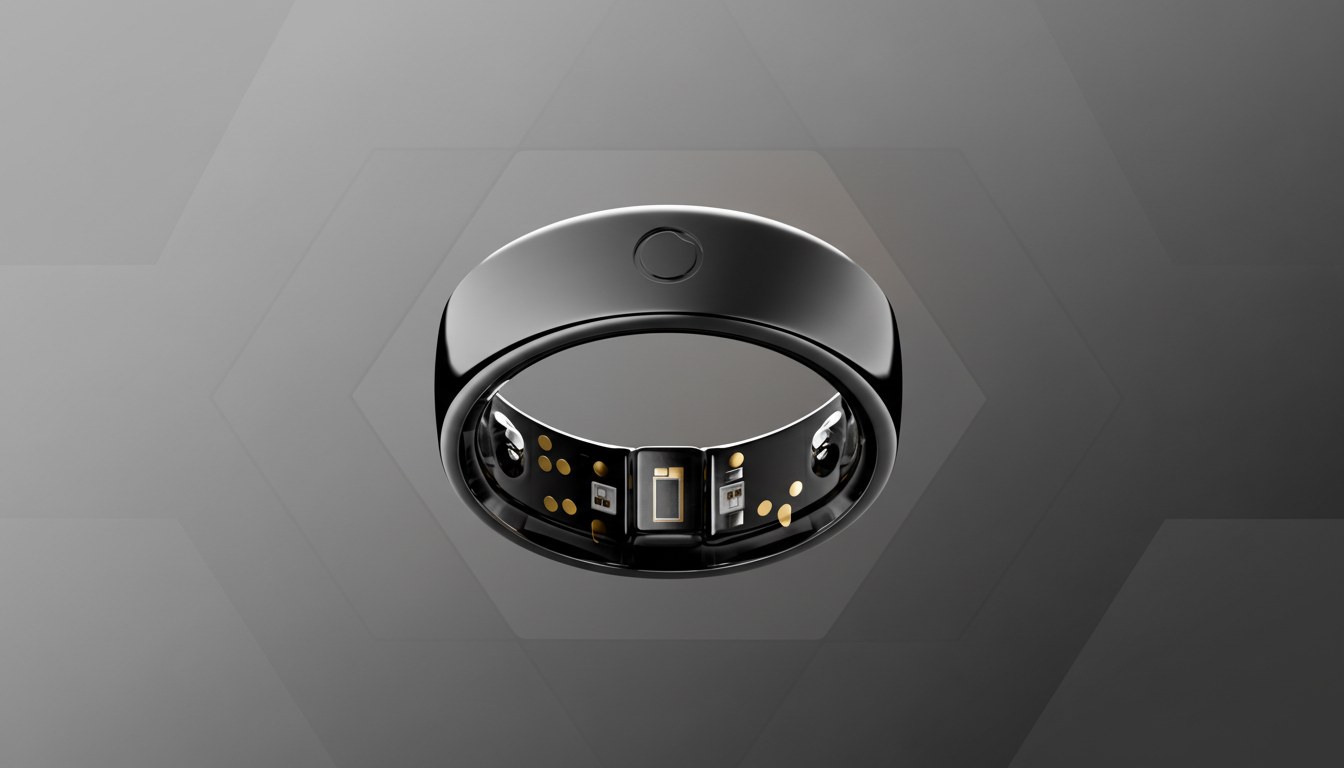 A sleek, black smart ring with visible internal sensors, presented on a professional gray background with subtle geometric patterns.