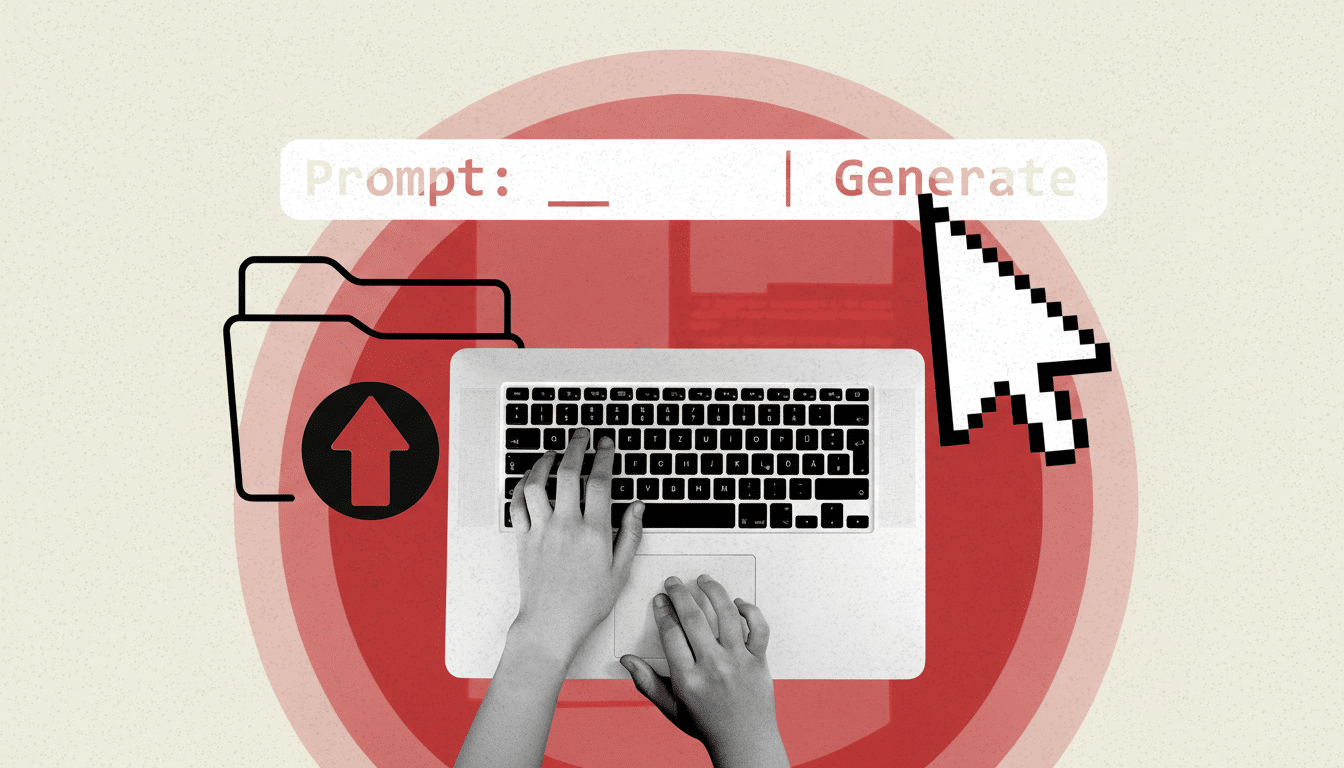 An overhead view of a persons hands typing on a laptop, with a Prompt: | Generate bar and a large cursor arrow pointing to Generate. To the left, a folder icon with an upload arrow is visible. The background features concentric red circles on a textured beige surface.