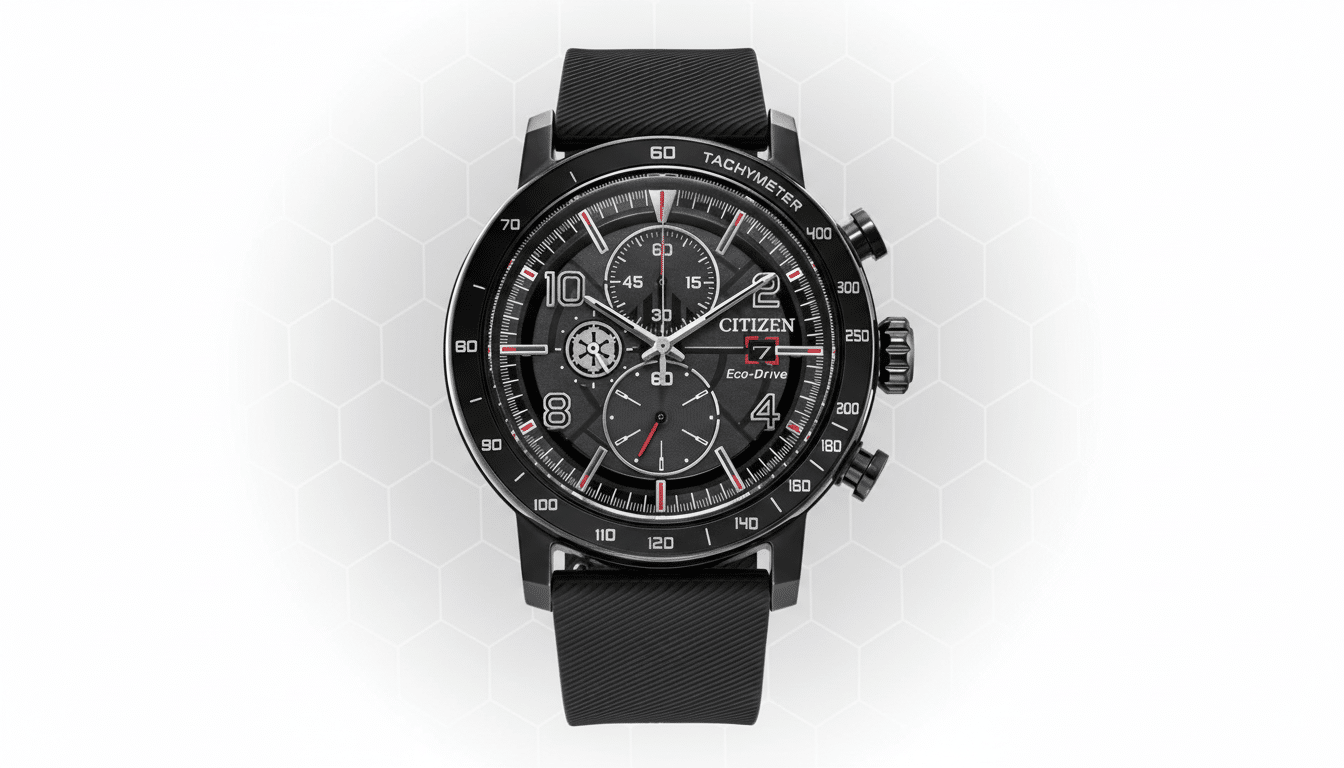 A black Citizen Eco-Drive watch with a textured black rubber strap, presented on a professional white background with a subtle hexagonal pattern.