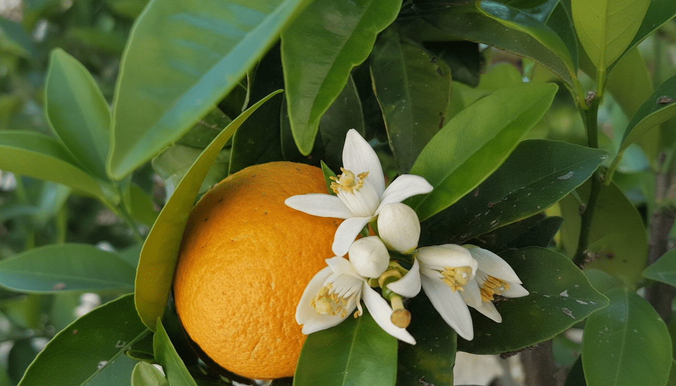 A vibrant orange fruit nestled among green leaves, with several delicate white blossoms beside it, all set against a natural, leafy background.