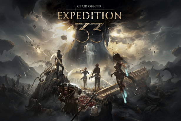 The Clair Obscur Expedition 33 video game cover art, featuring a group of adventurers in a fantastical, ruined landscape under a stormy sky, with a colossal, ancient figure in the background.