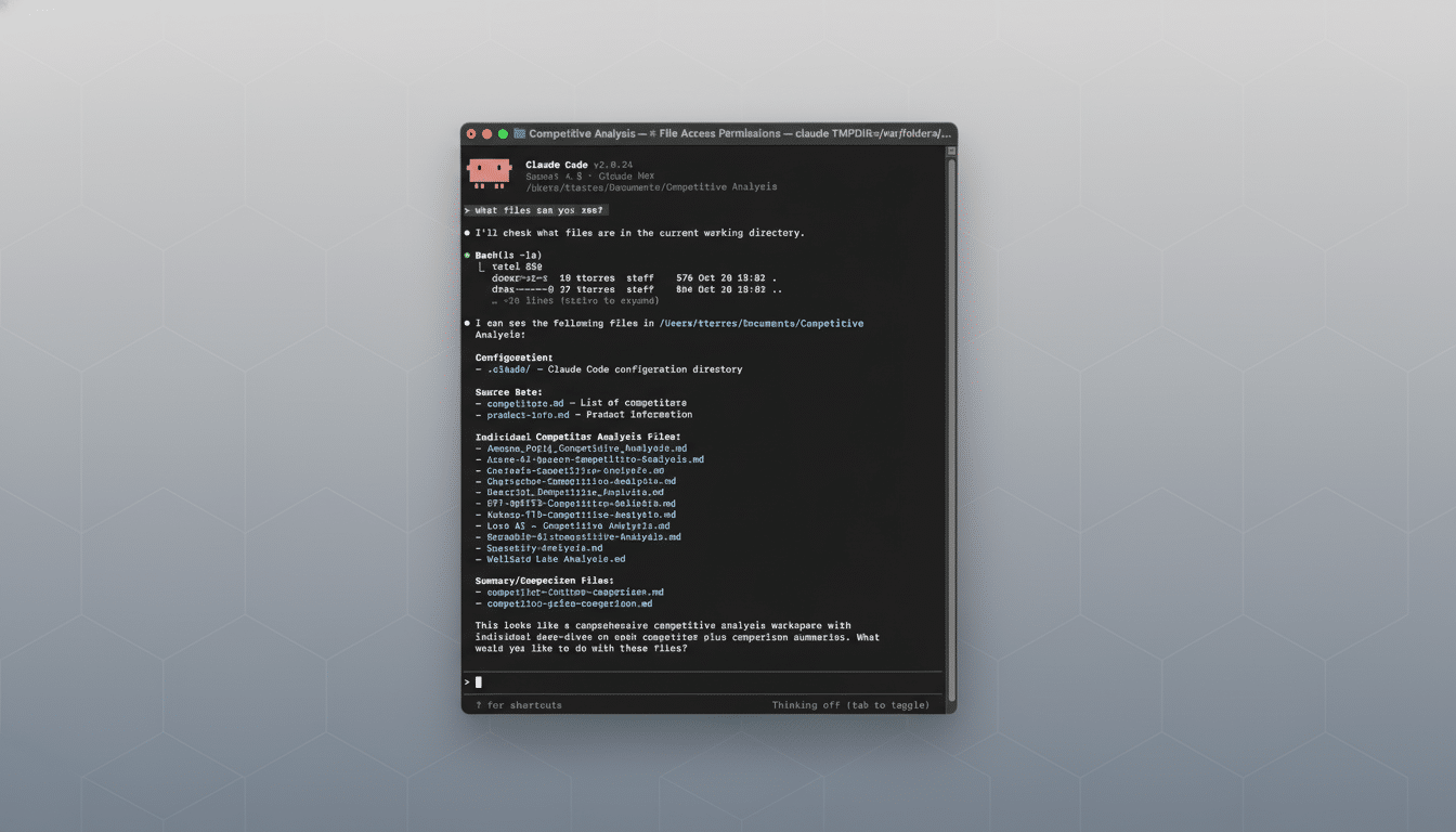 A screenshot of a terminal window displaying a competitive analysis workspace, resized to a 16:9 aspect ratio with a professional flat design background.