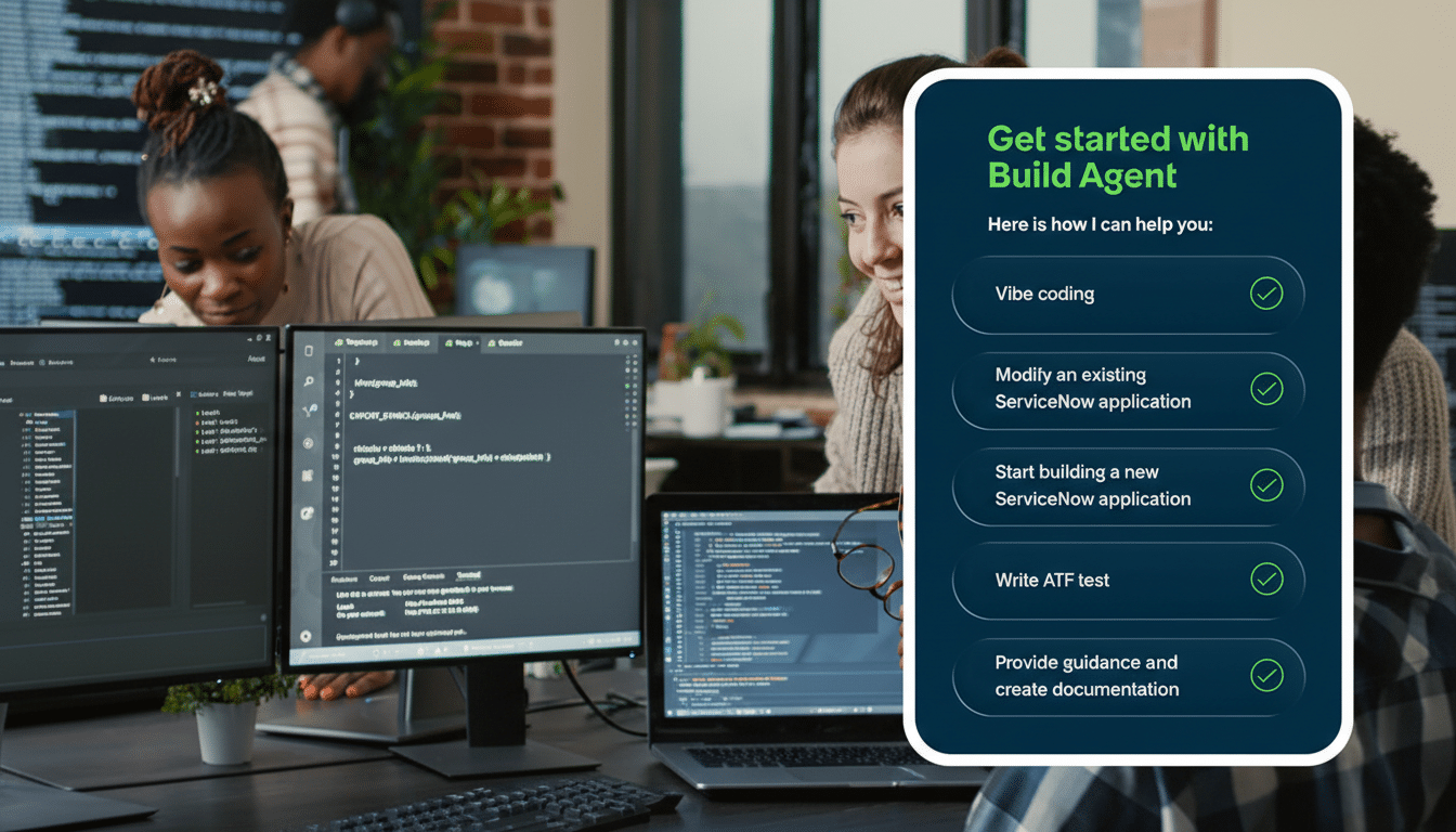 A 16:9 aspect ratio image showing three people working on computers, with a Get started with Build Agent overlay on the right.