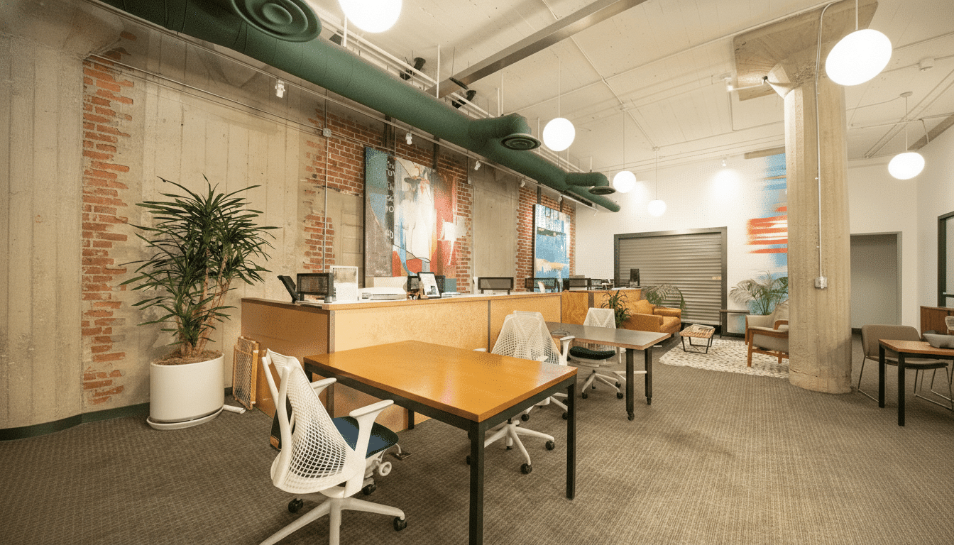 A professionally enhanced image of a modern office space with a 16:9 aspect ratio, featuring exposed brick walls, concrete pillars, wooden desks, and white office chairs.
