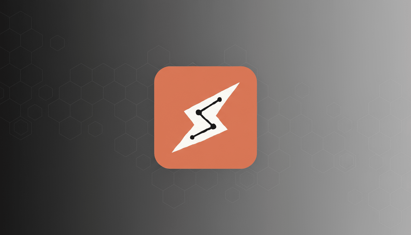 A professional 16:9 image featuring a rounded square icon with an orange background. Inside the icon, a white lightning bolt shape is depicted with three black dots connected by lines, forming a stylized S or zigzag pattern. The background is a gradient from dark gray to light gray with a subtle hexagonal pattern.