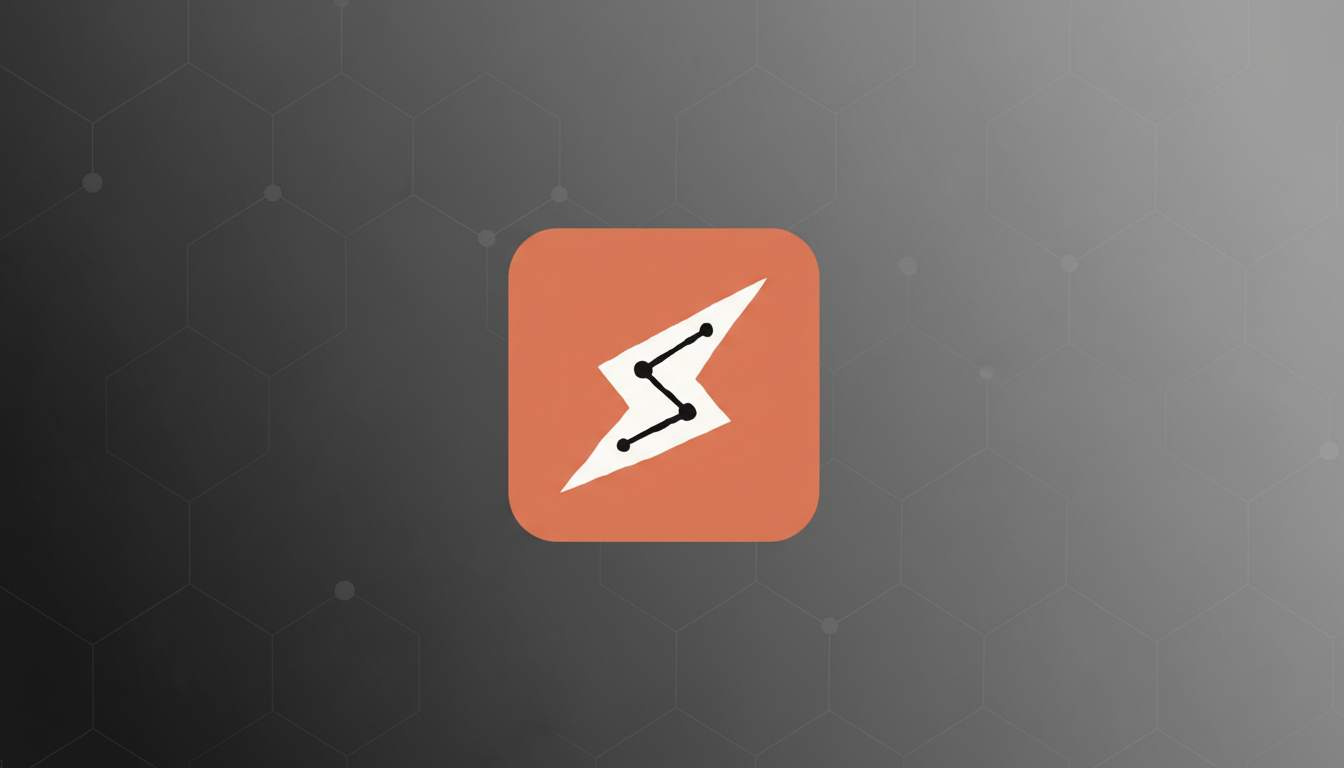 A 16:9 aspect ratio image featuring a rounded square icon with an orange background. Inside the icon, a white lightning bolt shape is depicted with three black dots connected by lines, resembling a circuit or network. The background is a professional flat design with a subtle hexagonal pattern and a gradient from dark to light gray.