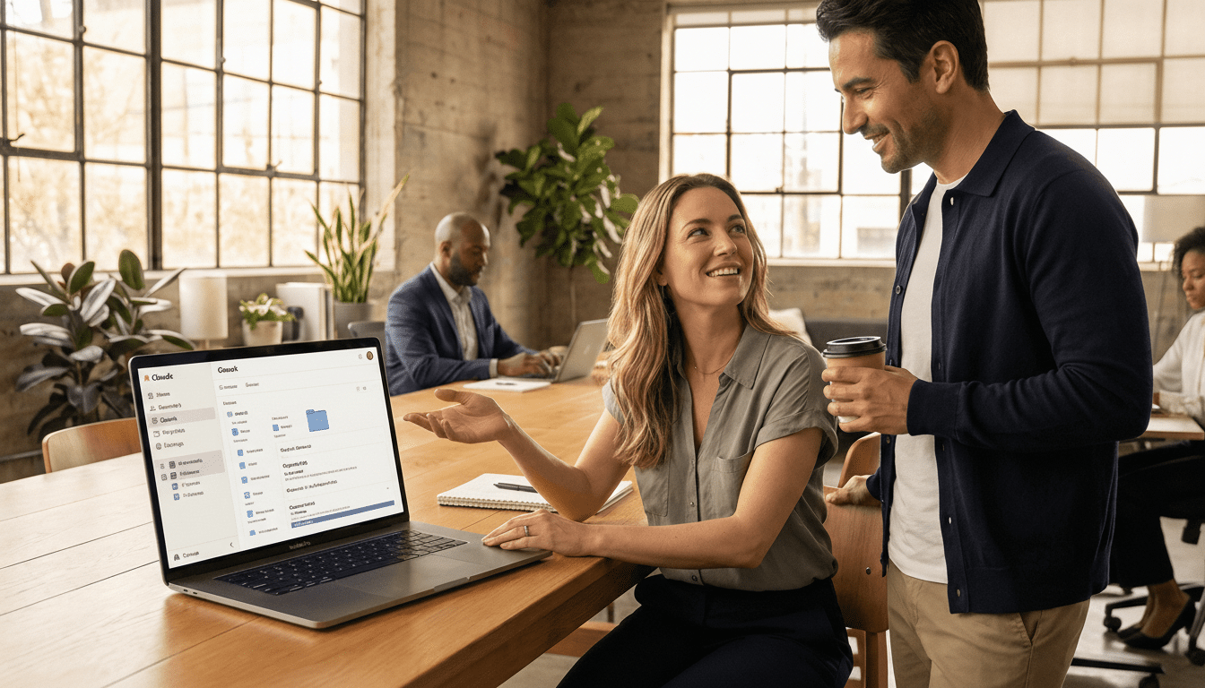 Two colleagues smiling and interacting in a modern office setting, with a laptop displaying a file management interface.