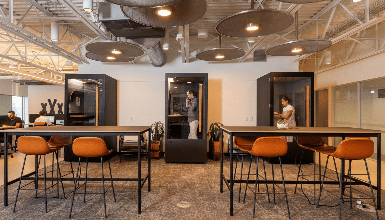 A wide shot of a modern office space with several individuals working. In the foreground, two long, dark tables with orange bar stools are visible. In the background, there are three soundproof booths; a man is talking on the phone in the central booth, and a woman is working in the rightmost booth. Another person is seated at a desk on the far left. The ceiling features exposed pipes and circular, decorative light fixtures.