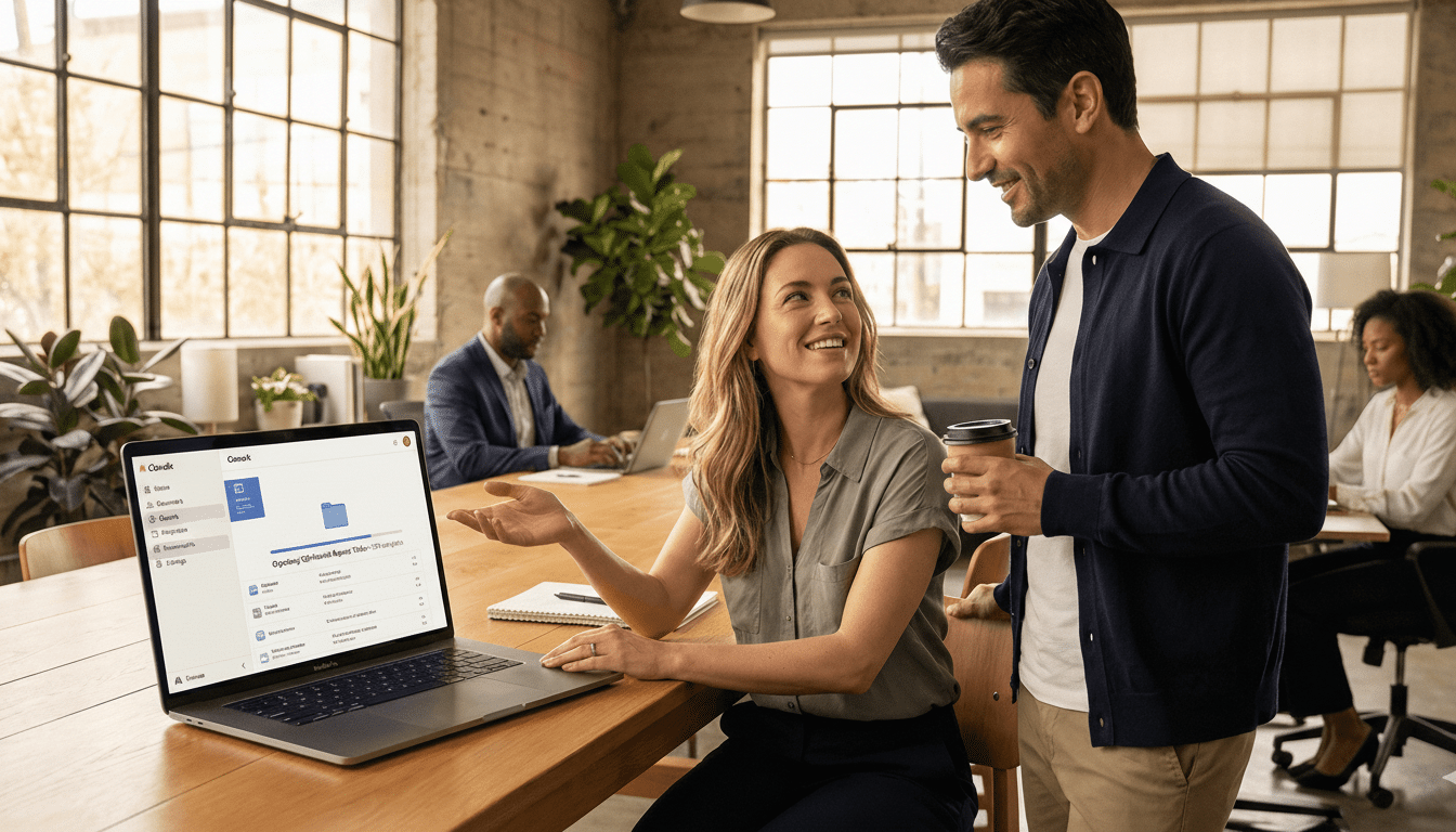 Two colleagues smiling and interacting in a modern office setting, with a laptop open on the table.