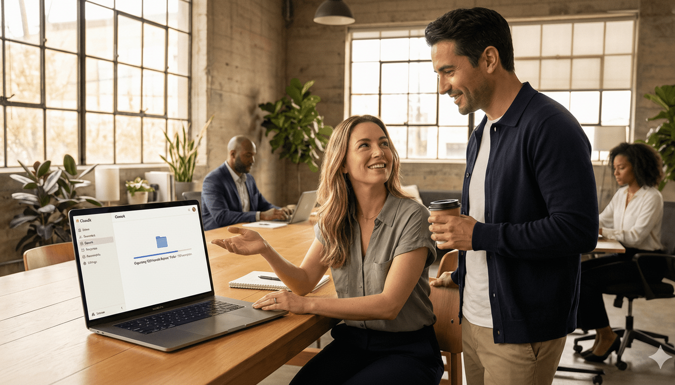 Two colleagues smiling and interacting in a modern office setting, with a laptop open on the desk.
