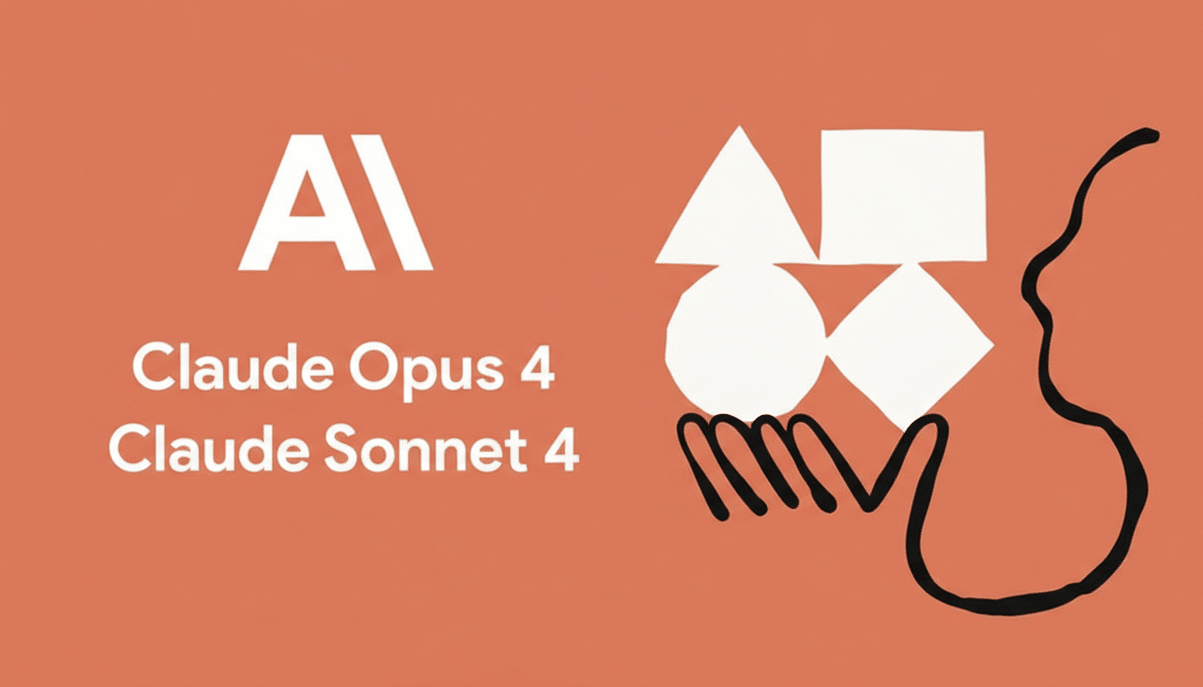 A 16:9 aspect ratio image featuring the text Claude Opus 4 and Claude Sonnet 4 in white against an orange background. To the left is a white AI logo, and to the right are abstract white shapes (triangle, square, circle, diamond) held by a black hand outline, with a black profile of a face on the far right.