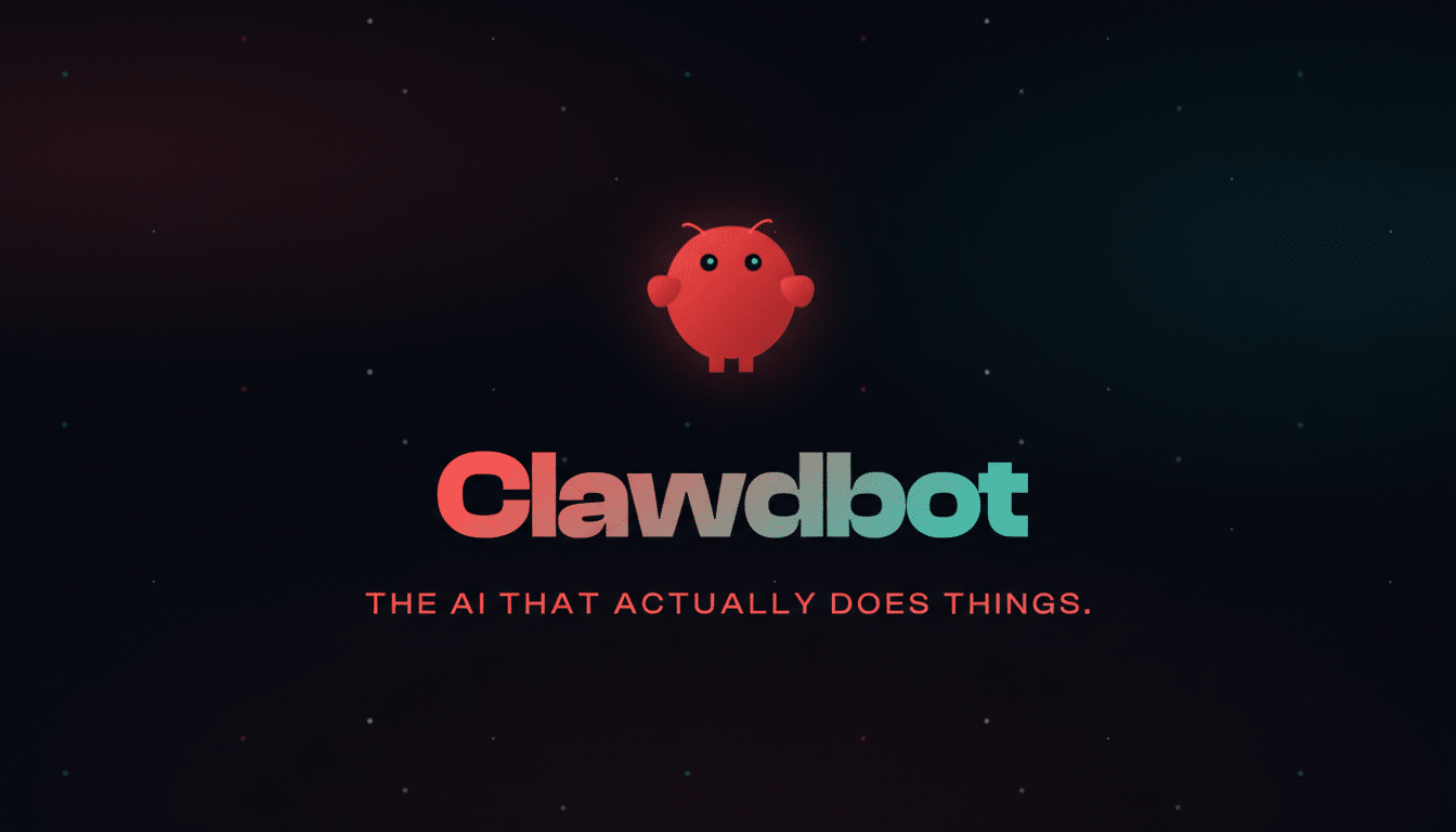 The Clawdlbot logo, featuring a small, red, friendly-looking robot with two antennae and large eyes, centered above the text Clawdlbot in a gradient of red to teal. Below the main text, in smaller white letters, is the slogan THE AI THAT ACTUALLY DOES THINGS. The background is a dark, starry field with subtle red and teal light gradients on the left and right, respectively.