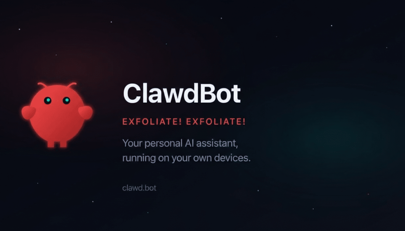 The ClawdBot logo and text on a dark background with subtle red and teal glows, resized to a 16:9 aspect ratio.